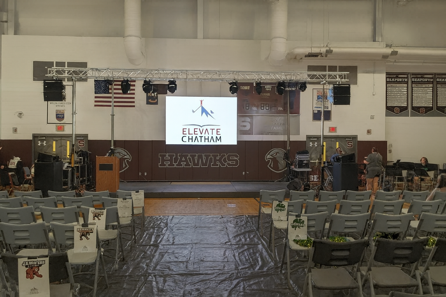 Elevate Chatham event with flown speakers, truss and projection